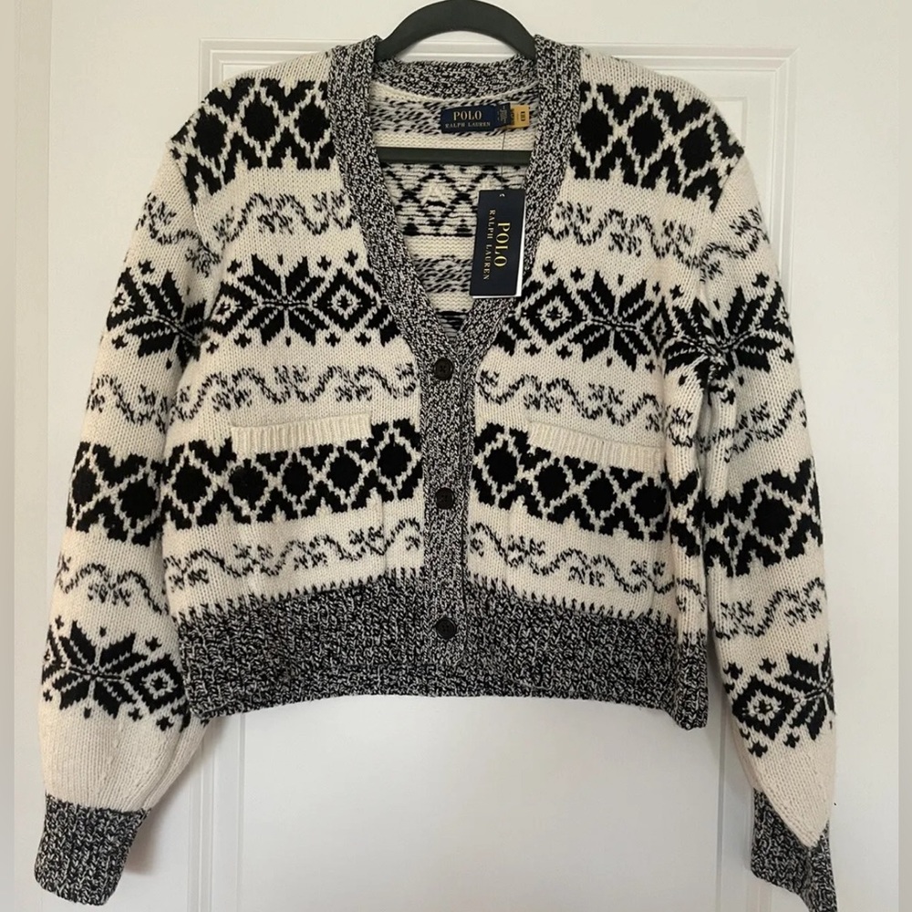 Polo Ralph Lauren Intarsia Knit Cardigan Wool Blend Black White Size S NWT